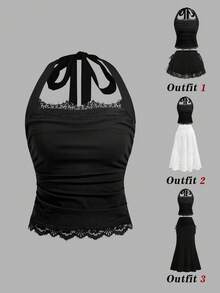 SHEIN MOD 女款掛脖綁帶蕾絲飾邊抓皺修身百搭日常休閒上衣 - 黑色 - 查看 4