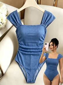 Elenzga Women's Square Neck Pleated Slim Fit Denim Jumpsuit - Blue - View 3
