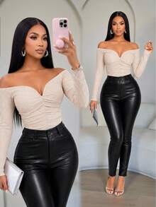 SOLERSUN Off Shoulder Ruched Crop Tee For Women, Textured Long Sleeve Slim Fit Sweetheart Neck T-Shirt - Apricot - View 1