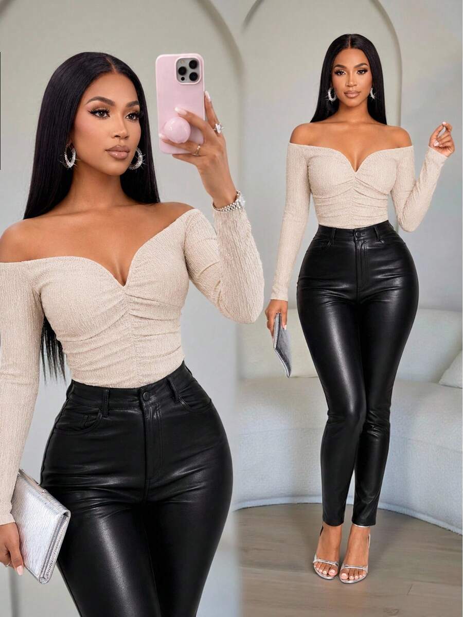 SOLERSUN Off Shoulder Ruched Crop Tee For Women, Textured Long Sleeve Slim Fit Sweetheart Neck T-Shirt - Apricot - View 1