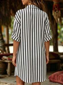 Linhara CURVE Plus Size Woven Striped Fashionable Casual Resort Summer Women's Dress - Black and White - View 2