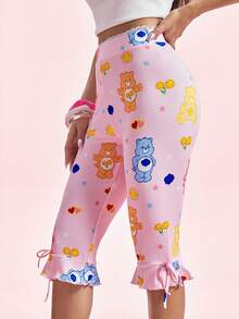 SHEIN X Care Bears Women's Cute Cartoon Print Lace Patchwork Cropped Leggings - Pink - View 3