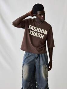 SWAVVY Men's Knitted Fashion Casual Loose Short Sleeve T-Shirt With English Letter Print - Brown - View 6