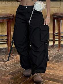 Slaydiva Pantalon cargo femme vintage streetwear noir à poches multiples avec design de ruban, pantalon long décontracté pour le trajet et les vacances - Noir - Voir 11