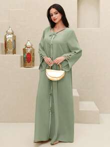 Yasmyna Women's Contrast Color Trim Bow Decor Elegant Long Sleeve Turkish Maxi Dress - Green - View 3