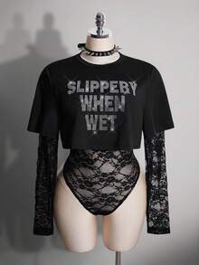 SHEIN ICON Body 2 en 1 de mujer talla grande estilo Y2K sexy con encaje, estampado de eslogan y diseño punk streetwear - Negro - Ver 3