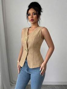 SHEIN Raffinéa 女款V領修身前襟金色玫瑰鈕扣裝飾外套背心 - 黃色 - 查看 7