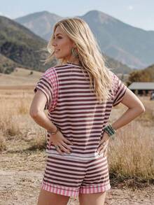 Wildy BOHO Casual Western Country Striped Colorblock Patchwork Women's Summer Daily Basic Outfit Pocket T-Shirt And Shorts 2-Piece Set - Multicolor - View 2