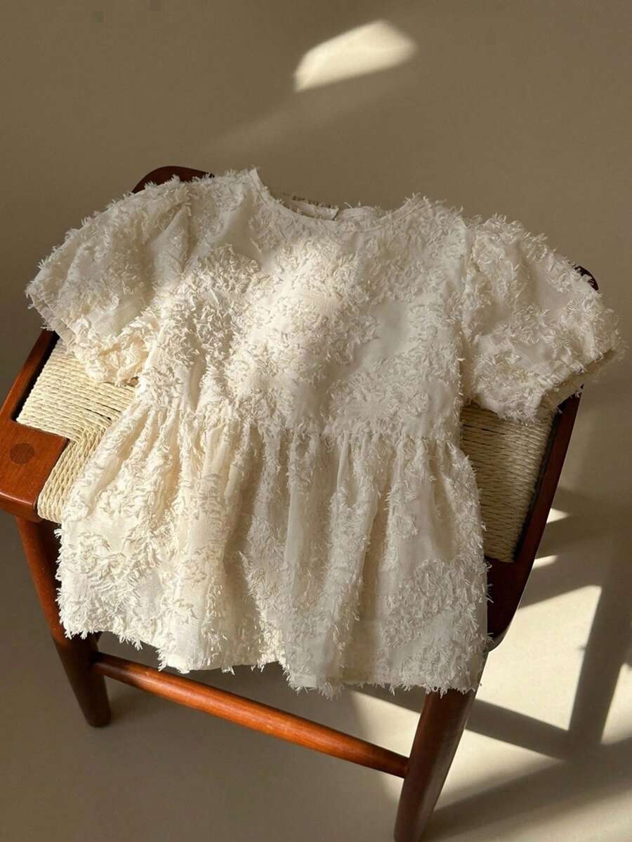 DAZY Round Neck Textured Short Sleeve Design Waist-Cinching Blouse For Young Girls - Beige - View 1