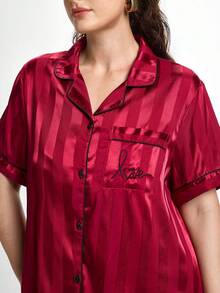Slumbrini Plus Size Striped Jacquard Faux Silk Red Elegant Heart & Word Embroidered Short Sleeve Top & Shorts Robe Sleepwear Set Halloween Lingerie,Red - Red - View 7