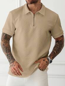 Manfinity Homme Camisa polo de manga corta con media cremallera y textura versátil para hombre - Caqui - Ver 5