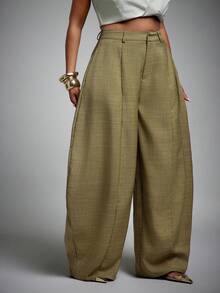 Vixey Structured Textured Woven Center Seam Detail Barrel Wide Leg Pants, Business Work Pants, Office Wear, Tailored Trousers, Chic Workwear - Brown - View 3