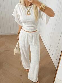 SHEIN EZwear Women's Embroidered Pleated Top And Pants Casual Tropical Tropical European Elegant Daily Vacation Set Brunch Vacation White Summer Vacation - White - View 4