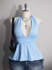 SHEIN ICON 大尺碼掛脖深V領收腰A字露背波點背心，復古Y2K波點掛脖背心，娃娃裝波點掛脖露背上衣 - 藍色 - 查看 3