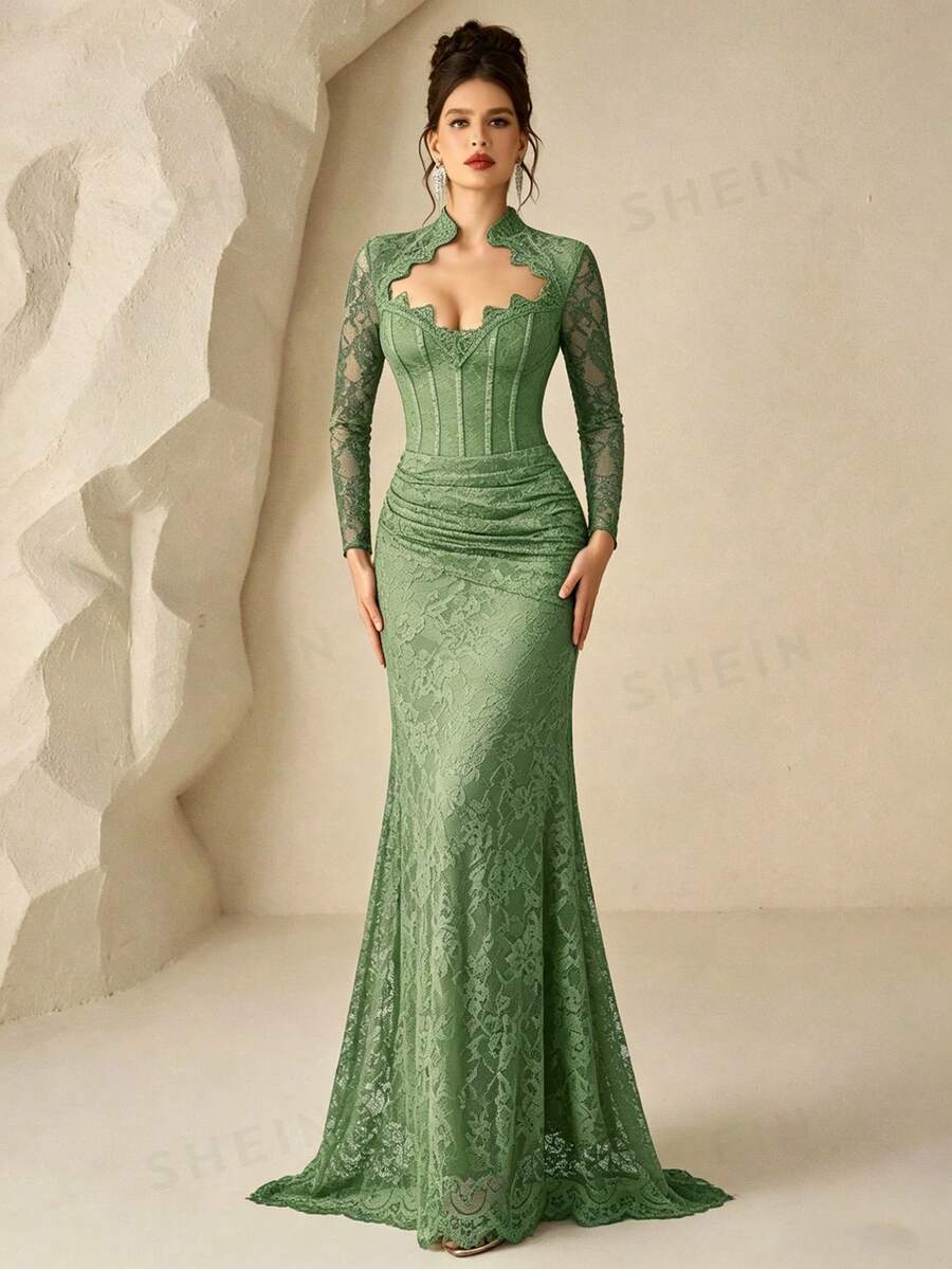 Coutiva 女款蕾絲長款正式晚禮服(精緻設計) - 綠色 - 查看 1
