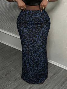 SHEIN Tall CURVE 大尺碼女款豹紋休閒百搭日常穿著裙 - 彩色 - 查看 5