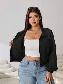 Solflare Autumn New Plus Size Women's Solid Color Raglan Long Sleeve Zip-Up Jacket Go Back To School Hiking Rodeo Cowboy - Black - View 6