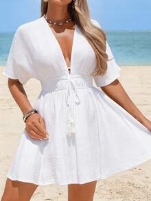 SHEIN Swim 女款夏季海灘純色蝙蝠袖V領收腰顯瘦綁帶成熟性感度假罩衫洋裝 - 白色 - 查看 5