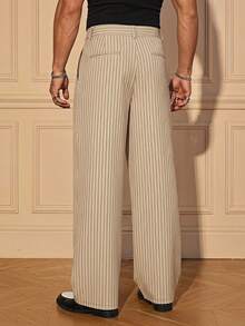 SIGLOCORE Men's Metal Buckle Striped Colorblock Pleated Pocket Loose Long Pants - Apricot - View 2