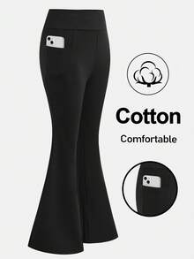SHEIN Tween女孩黑色高腰緊身高彈力休閒寬鬆制服瑜伽多功能喇叭褲附口袋返校夏季款 - 黑色 - 查看 3
