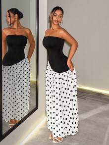 BamGleam Elegant Sexy Bandeau A-Line High Slit Polka Dot Patchwork Women's Dress Day Party Bar Party Black And White Polka Dot Summer - Black and White - View 5