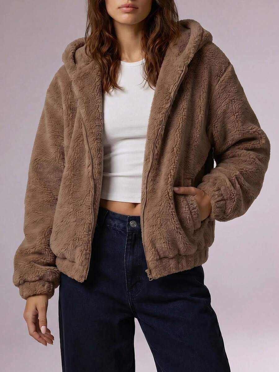 SHEIN Cottnline Chaqueta De Mujer Con Capucha Y Cordón De Felpa - Marrón Mocha - Ver 1
