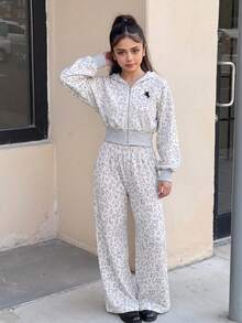 SHEIN 2件組 青少年女孩灰色豹紋連帽拉鍊運動衫套裝，秋冬款 - 灰色 - 查看 7
