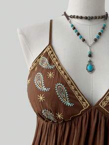 Sunspun Plus Size Spaghetti Strap Embroidered Chest Dress - Brown - View 4
