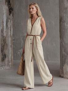 Faunlyn Women's Casual Tropical Minimalist Sleeveless Jumpsuit For Vacation Beige Summer - Khaki - View 5