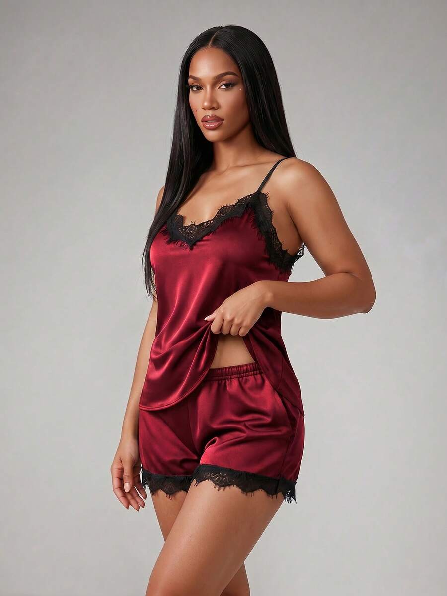 Silforma Lace Panel Pajama Set - Red Violet - View 1