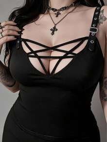 ROMWE Grunge Punk Plus Size Y2K Punk Sexy Pentagram Lace-Up Design Metal Strap Fitted Solid Color Versatile Tank Top - Black - View 1