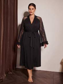 Slumberist Women's Sexy Lace Patchwork Long Plus Size Nightgown - Black - View 3