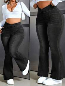 Flexra Plus Size Women's Fashion Casual Flare Jeans - Black - View 1