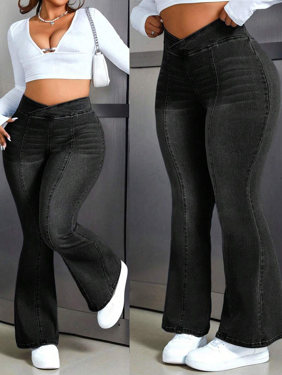 Flexra Plus Size Women's Fashion Casual Flare Jeans - Black - View 1