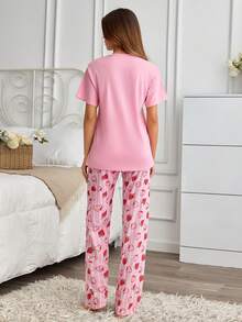 SHEIN Cotton Line 女款可愛粉色貓咪圖案圓領短袖上衣與高腰草莓 - 粉色 - 查看 2