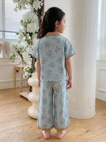 DAZY Young Girl Floral Short Sleeve Single-Breasted Top And Pants Loungewear - Baby Blue - View 2