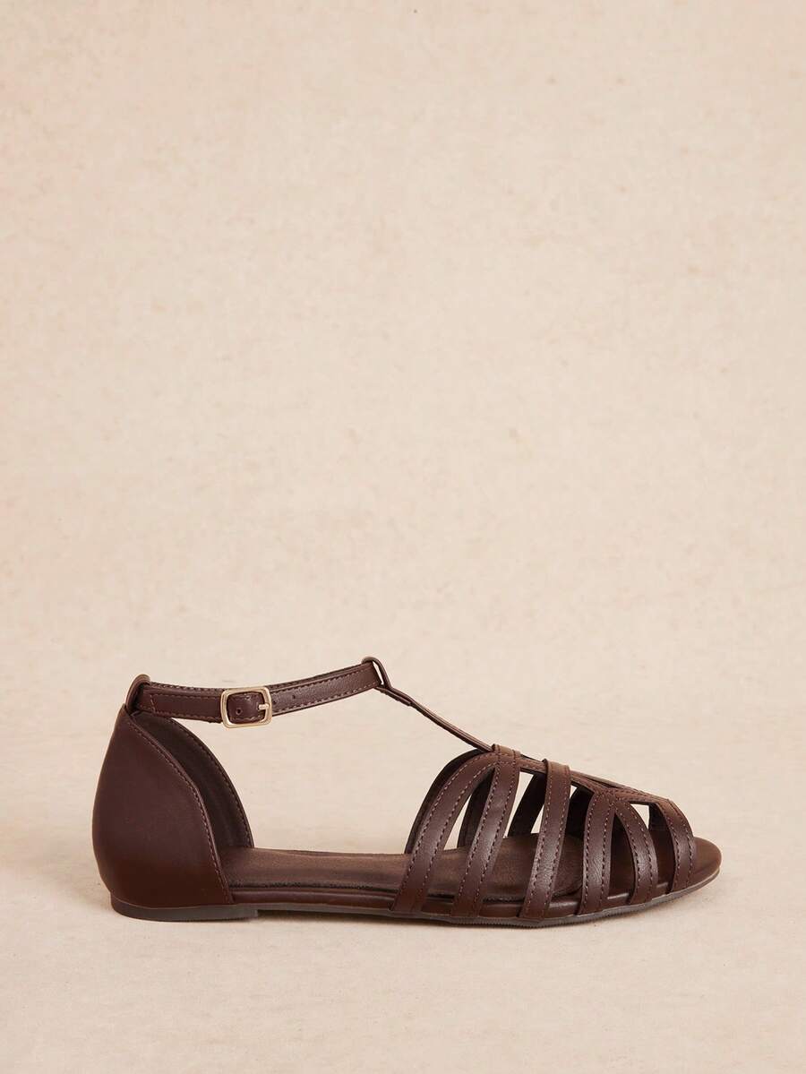 Rosivie Sandal Datar Gaya Romawi dengan Desain Gesper Kasual untuk Wanita, Sepatu Musim Panas untuk Pemakaian Sehari-hari - Kopi gelap - View 1