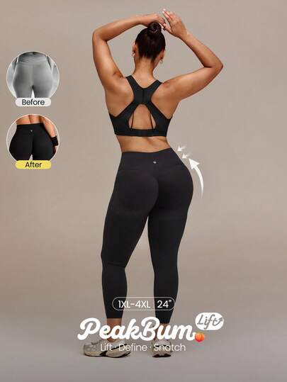 GLOWMODE 24" Plus Size FeatherFit™-Sculpt Peakbum Lift Tummy Control No Front Seam Leggings With Pockets Training Running Workout Gym Fitness Active