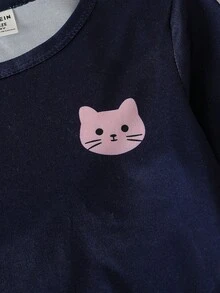 SHEIN Genkimix Kids 女童圓領卡通印花長袖上衣與長褲休閒日常居家睡衣套裝 - 藏蓝色 - View 6