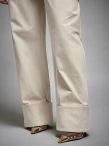 Vixey High Waist Fold Over Cuffed Hem Barrel Leg Trousers - Beige - View 4