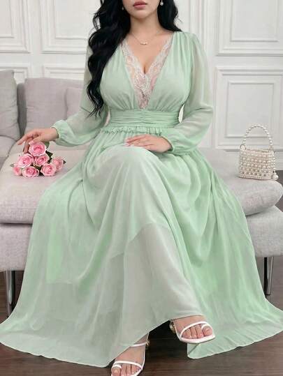 Vibekara Robe élégante et romantique pour vacances de printemps et d'été, anniversaire, en tissu de mousseline, robe romantique fluide à large ourlet, robe de soirée, robe de fée fluide de style grec ancien, robe à col en V et manches longues
