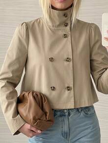SHEIN EZwear Abrigo de trinchera con botones delanteros tejido en color caqui para mujer - Caqui - Ver 2