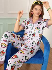 Chillnights THE POWERPUFF GIRLS X SHEIN Flying Police Woman Co-Branded Lapel Trim Women's Loungewear Set - Multicolor - View 3