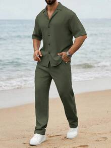 VENTUSAIL 2pcs/Set Men's Textured Bubble Short Sleeve Shirt With Color Matched Drawstring Waist Pants, Casual Suit Outfit For Going Out & Gift For Husband - Army Green - View 2