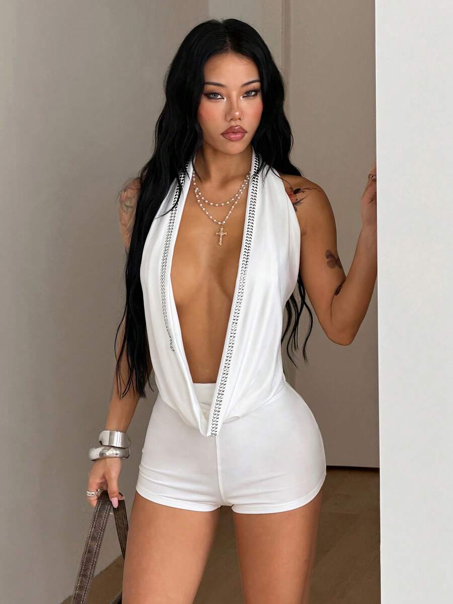 Coolane 女士春夏街头风时尚外出V领性感度假装Y2K弹力舒适白色连体衣 - 白色 - 查看 1