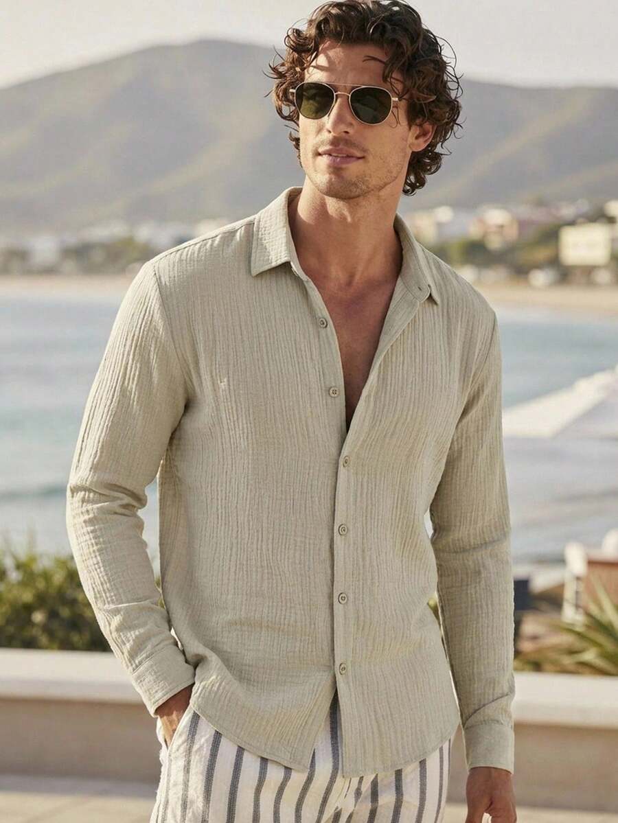 HIMLAND Men's Pale Yellow Relaxed Fit Long Sleeve Button-Up With Rolled Cuffs & Deep Open Neckline. Lightweight Woven Fabric With Soft Drape. Sunny Resort Lay - Multicolor - View 1