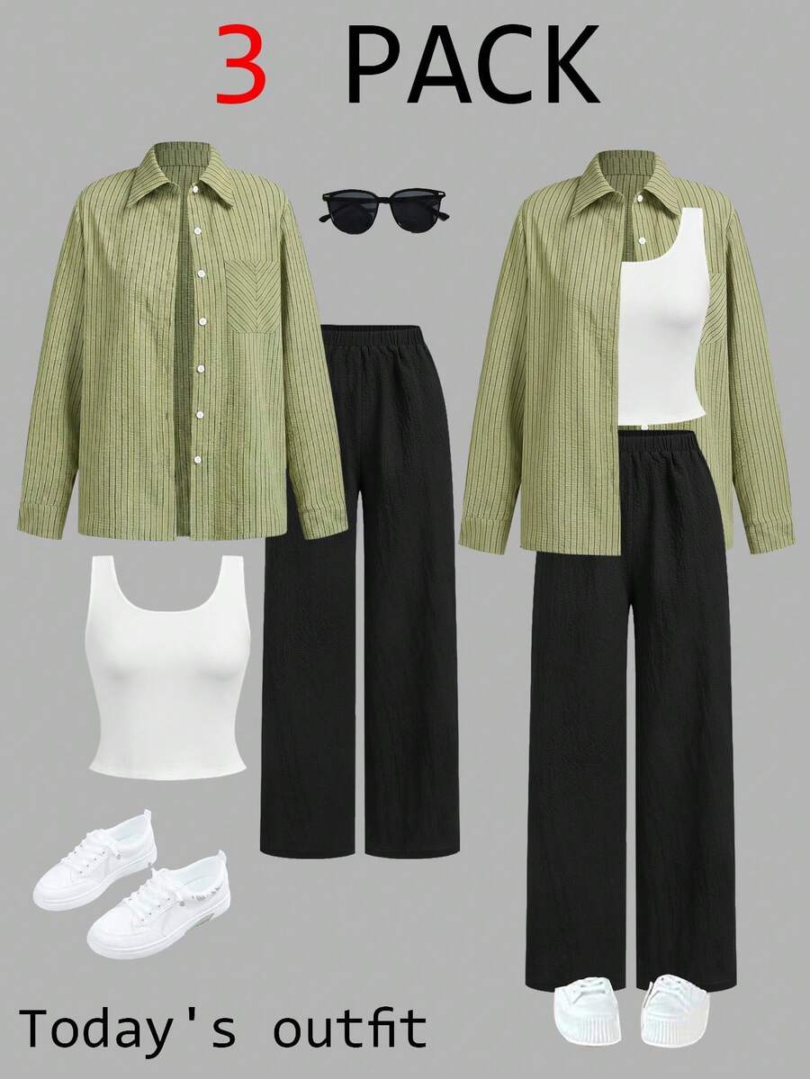 SHEIN LUNE 女款休閒白色黑色襯衫與長褲3件套秋季服裝套裝 工作服 日常度假早午餐辦公室旅行城市短途綠色條紋 - 綠色 - 查看 1