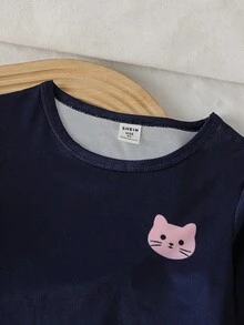 SHEIN Genkimix Kids 女童圓領卡通印花長袖上衣與長褲休閒日常居家睡衣套裝 - 藏蓝色 - View 5