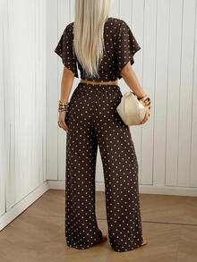 SHEIN EZwear 女款棕色與白色波點印花百褶上衣與寬鬆長褲套裝，適合度假、夏季休閒度假 - 咖啡棕 - 查看 3