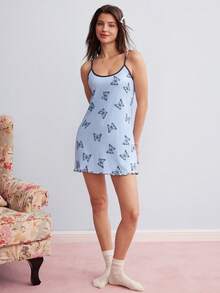 Elorette Butterfly Print Contrast Binding Lettuce Trim Cami Pajama Nightdress - Baby Blue - View 3